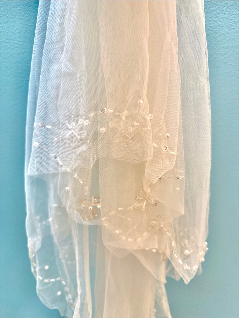 Beaded White Tulle Bridal Veil chapel length / Overlay